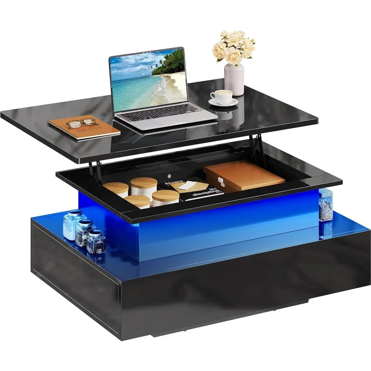 YITAHOME Couchtisch Höhenverstellbar, Wohnzimmertisch Hochglanz mit Hebeplatte,Couch Tisch Wohnzimmer mit 16-Farbiger LED Modern and 2 Schubladen – Bild 4