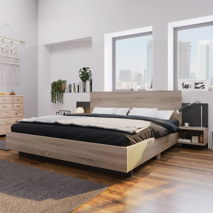 (=280708AAE)Doppelbett Holzbett Bettanlage 160 x 200 cm mit 2 Nachtkommoden Modernes Bett inkl, 2 Nachttischen Schlafzimmer Komplett-205.5x235x76.5 cm(T/B/H) Set in Eiche Sonoma/Dunkelgrau--Dunkelgrau, Holz--205.5x235x76.5cm--YOUDENOVA – Bild 5