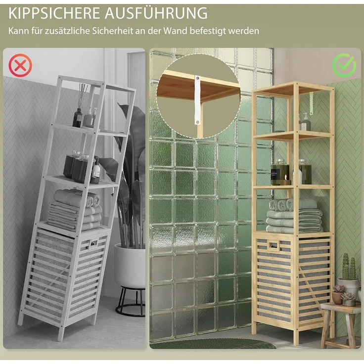 HOMCOM Badregal mit Wäschekorb, schlanker Bambus-Badezimmerschrank, Badezimmerregal 1-tlg, für Badezimmer, Naturholz – Bild 7