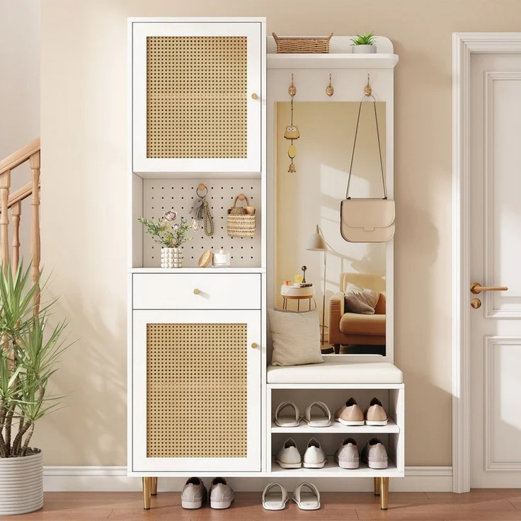 Flieks Garderobenschrank Rattan-Garderobenständer Schuhregal Spiegel Haken Lochwand Sitzkissen (verstellbare Einlegeböden, 1-St, 99x35x180 cm) Kompaktgarderobe Garderoben-Set Flurschrank Weiß, Eisenbeine – Bild 1