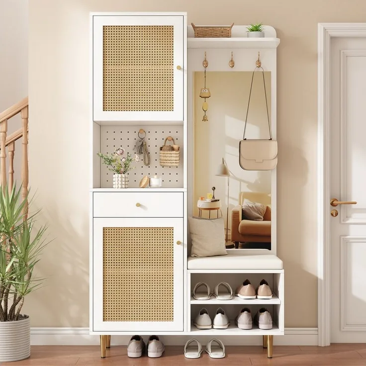 Flieks Garderobenschrank Rattan-Garderobenständer Schuhregal Spiegel Haken Lochwand Sitzkissen (verstellbare Einlegeböden, 1-St, 99x35x180 cm) Kompaktgarderobe Garderoben-Set Flurschrank Weiß, Eisenbeine