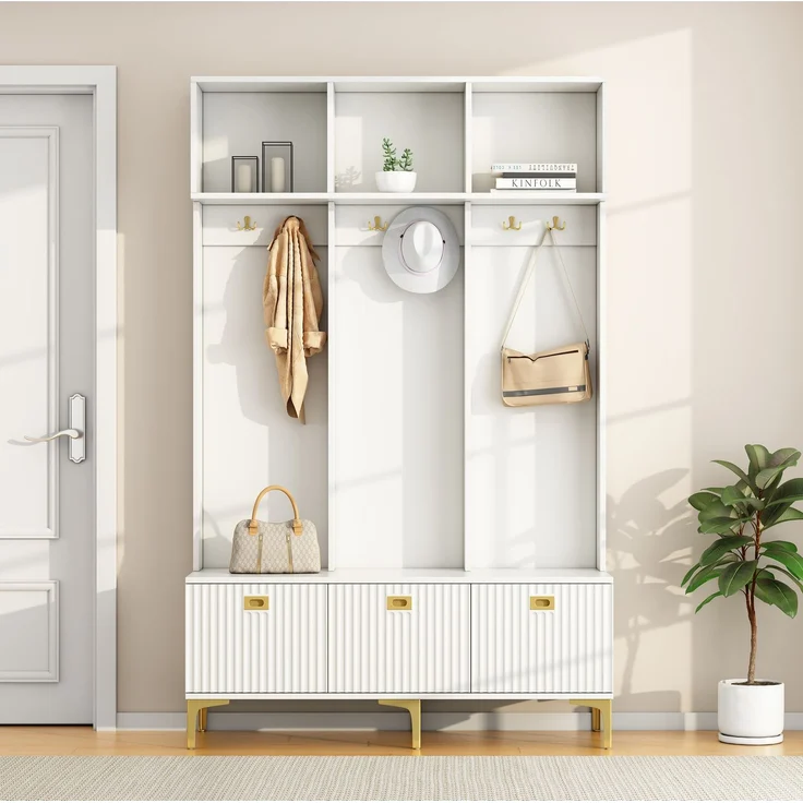 Merax Garderobenset mit Bank, multifunktionale Aufbewahrungsbank, offene Aufbewahrung,6 goldene Haken und Füße, geeignet für Flur, Wohnzimmer, weiß, B120/D23.5/H191.5CM – Bild 2