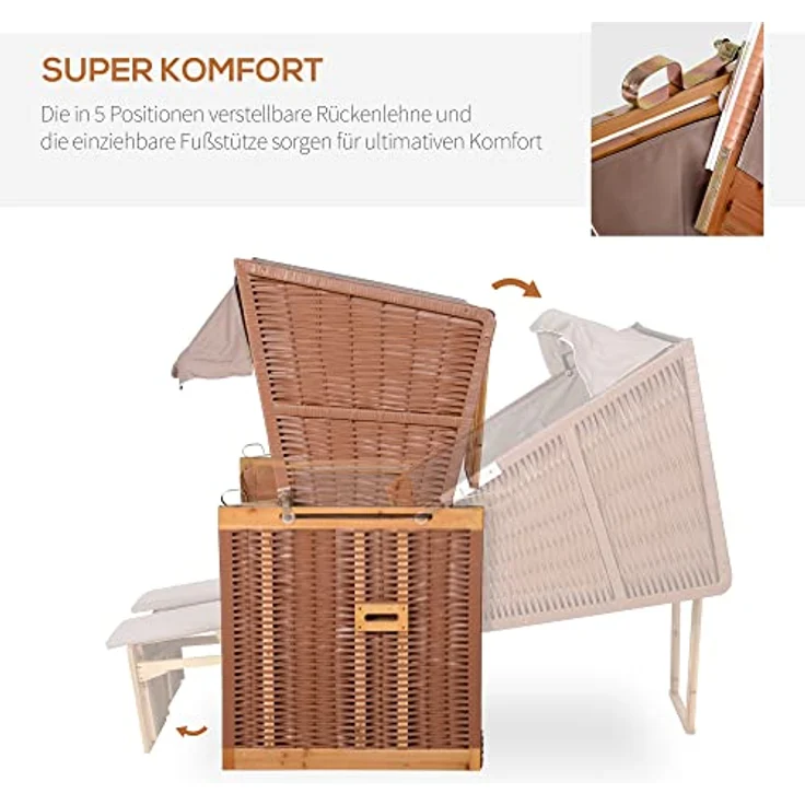 Outsunny Strandkorb Volllieger Gartenliege mit Klapptischen, verstellbarer Rückenlehne und Fußstützen, PE Rattan Beige 118 x 79 x 50 cm – Bild 4