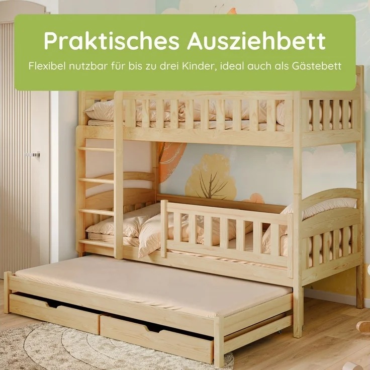 Kids Collective Etagenbett Hochbett Stockbett Kinderbett 90x200 cm mit Ausziehbett und Schubladen (Modell 2025), Umbaubar zu 3 Einzelbetten mit Lattenrosten & Rausfallschutz, Natur – Bild 3