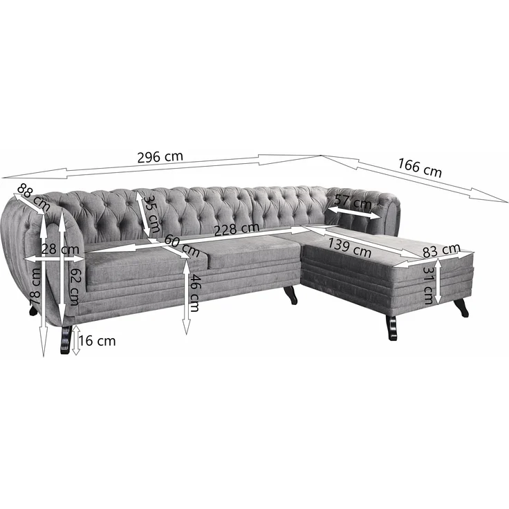 Edles Chesterfield Ecksofa Velours grau Couch Polstersofa Wohnlandschaft Sofa – Bild 5
