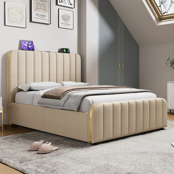 Polsterbett 140x200 cm Beige mit Kopfteil,USB Typ-C Ladeanschluss & hydraulischem Stauraum,Metallrahmen mit goldenen Akzenten – Bild 2