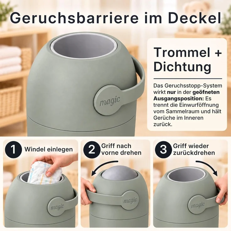 Set Magic Windeleimer, Abfalleimer mit Geruchsstopp, ohne Kassette + Windel | Hygienischer Mülleimer Geruchsdicht für Windeln ohne Kassette, Hygieneeimer für Windelentsorgung, Bad, Kinderzimmer, Küche – Bild 5