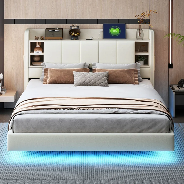 EINHOM Polsterbett 160 x 200 cm, mit USB-Steckdose und Lichtleiste, Wendbares Kopfteil mit Ablagefächern und Einlegeböden mit Kleinen Ablagefächern, Stabiler Metallrahmen, Leinenstoff, Doppelbett Beige, (Ohne Matratze) – Bild 3