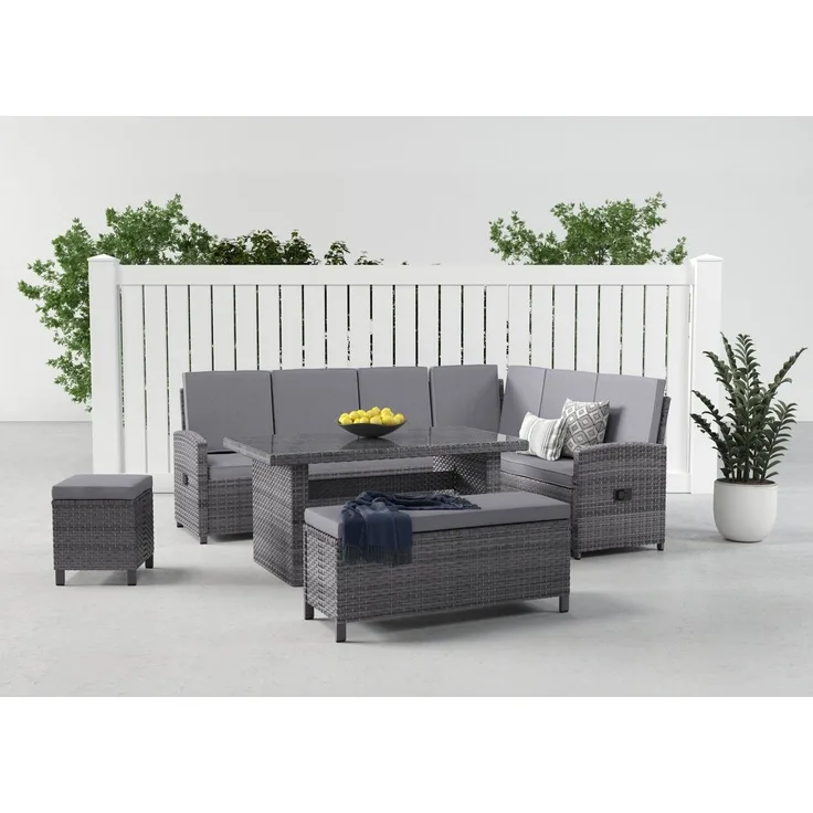 KONIFERA Gartenlounge-Set Paris, (Set, 17-tlg, 2x 3er Bank, 1x Sitzbank, 1x Hocker, 1x Tisch 140x80x67cm, Aluminium), inkl. Auflagen/Schutzhülle, Polyrattan, Rückenlehne verstellbar