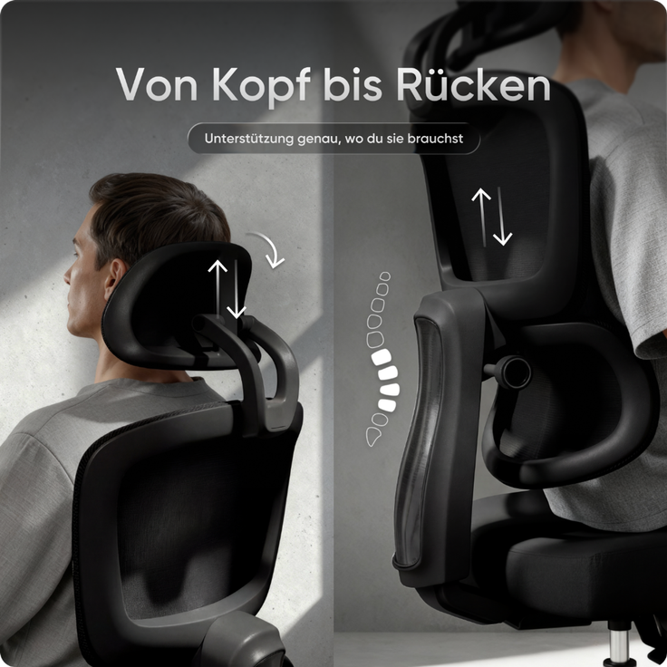 DESKSPACE Move - Premium Ergonomischer Bürostuhl, Höhenverstellbare Rückenlehne - Schwarz – Bild 6