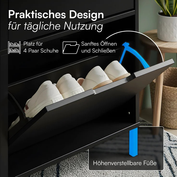 Bellamio 'Ceyhan' Schuhschrank mit 2 Klappen, schmales Schuhregal, schwarz, 50x19x90 cm, Schuhkipper für 4 paar Schuhe – Bild 4