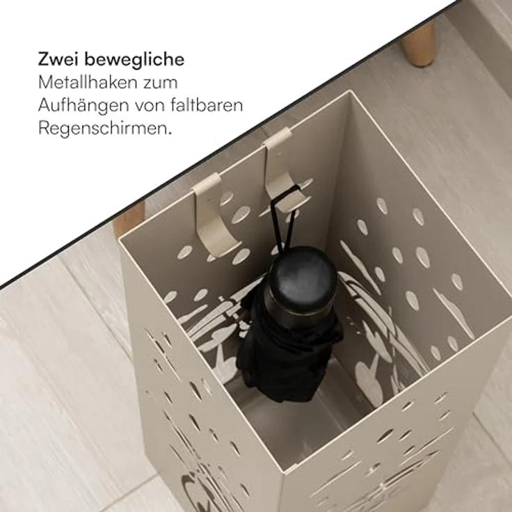 Baroni Home Schirmständer in modernem Design aus Metall mit Cat and Rain-Schnitzerei - mit Haken und herausnehmbarer Auffangschale für Heim- und Bürodekoration, Taupengrau, 15,5x15x49 cm – Bild 5