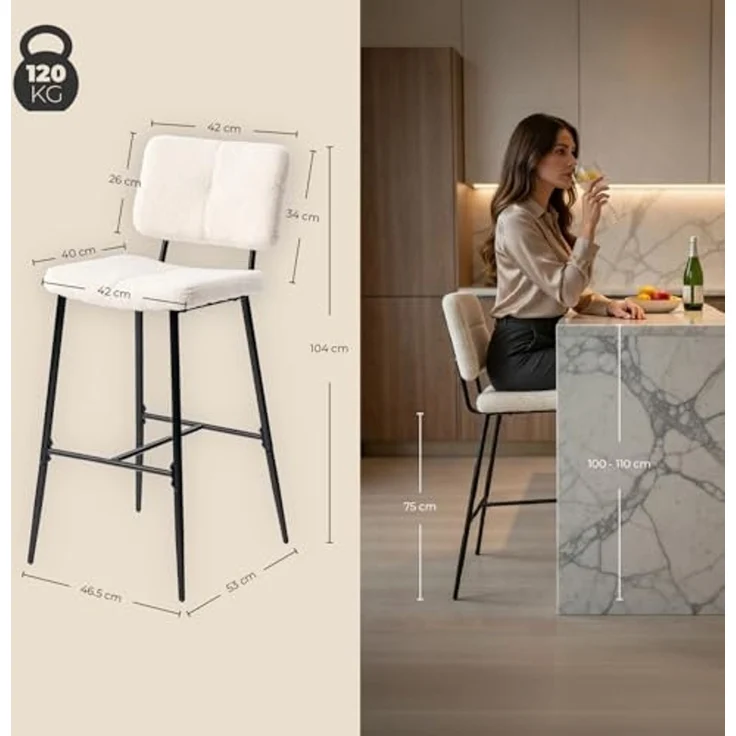 MEUBLE COSY Barhocker 4er Set Barstuhl Sitzhöhe 75 cm mit Lehne und Fußstütze aus Bouclé-Stoff Tresenhocker Bistrohocker für Bar Bistro Café Küche, Industriell, Beige – Bild 3