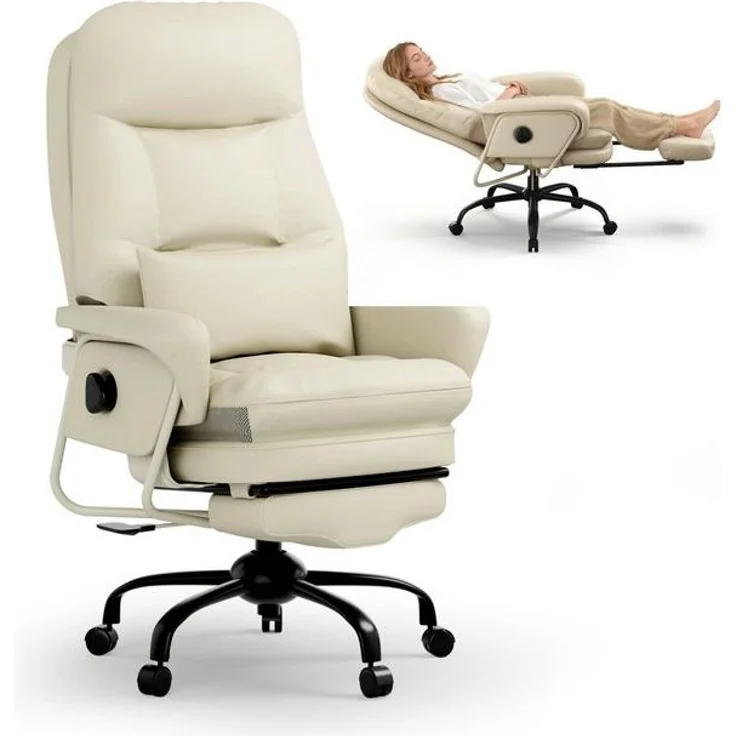 FLEXISPOT Drehstuhl 3-in-1 Ergonomischer Relax- & Bürostuhl mit 160° Liegefunktion (Ausziehbarer Fußstütze, Dickem PU-Komfortpolster und Höhenverstellung), Ideal zum Arbeiten, Entspannen & Mittagsschlaf Beige – Bild 4