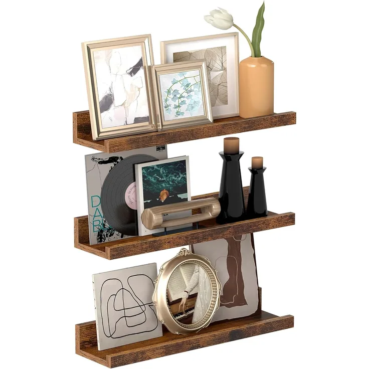 Vasagle Wandregale, 3er Set, Schweberegale, Länge 38 cm, erhöhte Vorderkante, für Dekoartikel, Gewürzgläser und Bilderrahmen, vintagebraun LWS037X01