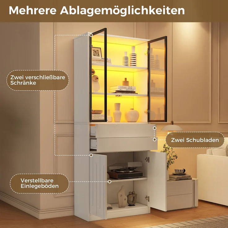70×34×180cm LED Display Vitrine mit 2 Schubladen , Hochschrank mit Glasschranktüren, Hochschrank Glasvitrine mit LED ,Wohnzimmerschrank mit Glastüren, Küche, Arbeitszimmer, Eingangsbereich,Weiß – Bild 5