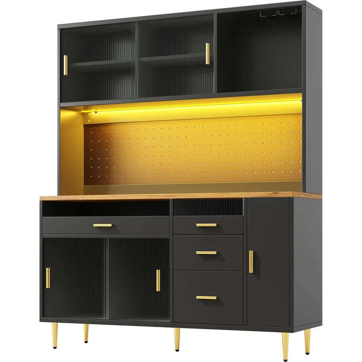 Sideboard 145x39x171 cm, schwarz, mit LED, Glasschiebetür, höhenverstellbaren Fächern – Bild 6