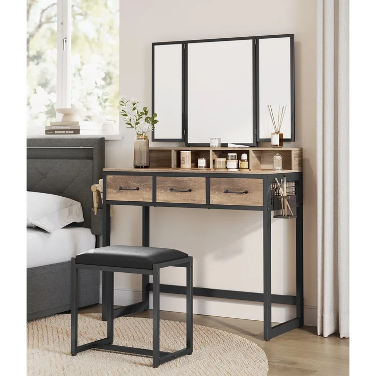 Vasagle Schminktisch mit gepolstertem Hocker, Frisiertisch mit dreifachem Spiegel, 3 Schubladen, Haartrocknerhalter, Kosmetiktisch, Industriestil, eichenbraun-schwarz