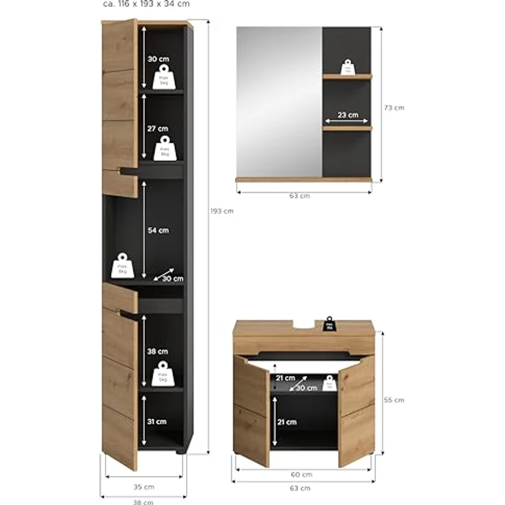 Xonox Canu Badkombination (B/H/T: 116x193x34 cm) in Basalt grau Nachbildung und Artisan Nachbildung – Bild 4