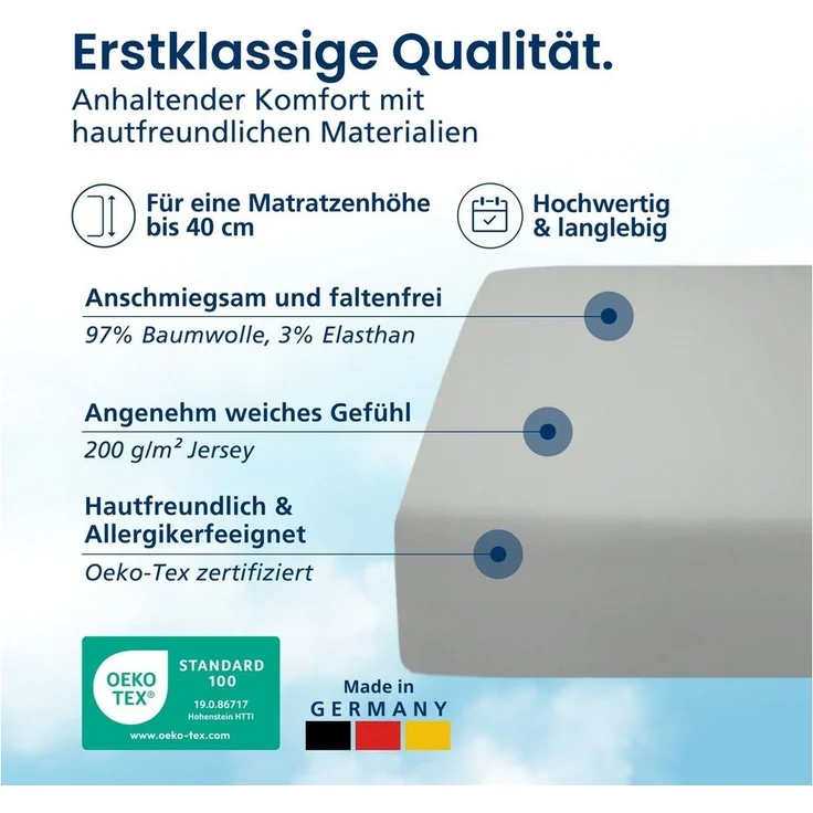 AM Qualitätsmatratzen Spannbettlaken Baumwolle in hellgrau, Bettlaken für Boxspringbetten, Made in Germany, Baumwolle, Gummizug: rundum, (1 Stück), 90x200x40 – Bild 2