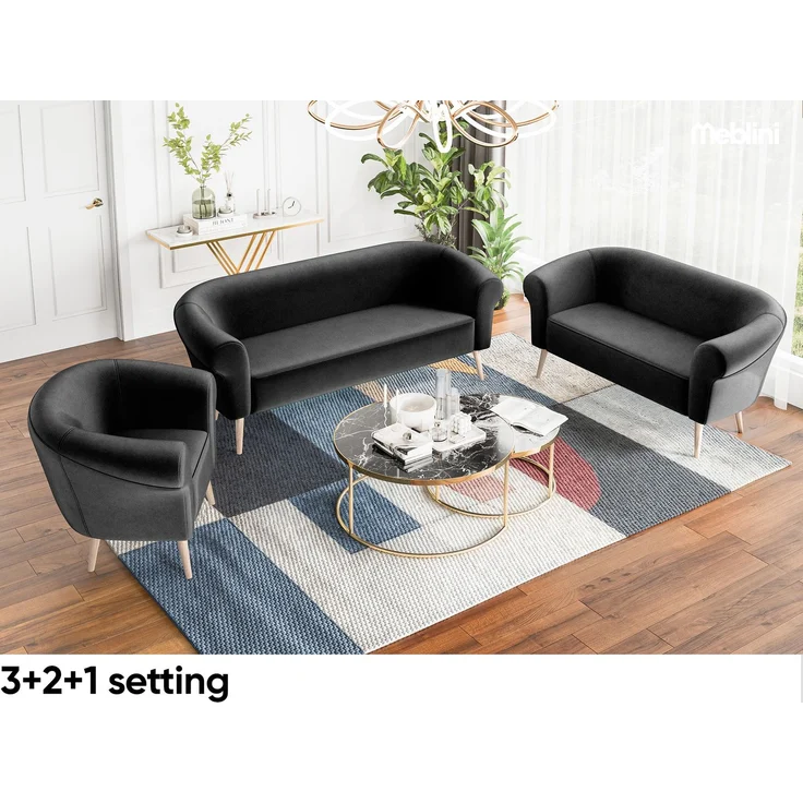 MEBLINI Mini Sofa Set 2-1 für Wohnzimmer - Mini Lounge für drei Personen - Küchensofa - Sofa Klein - Sitzgarnitur - Polstergarnitur - Sofagarnituren - EMILIA - 2+1 - Schwarz Samt – Bild 6