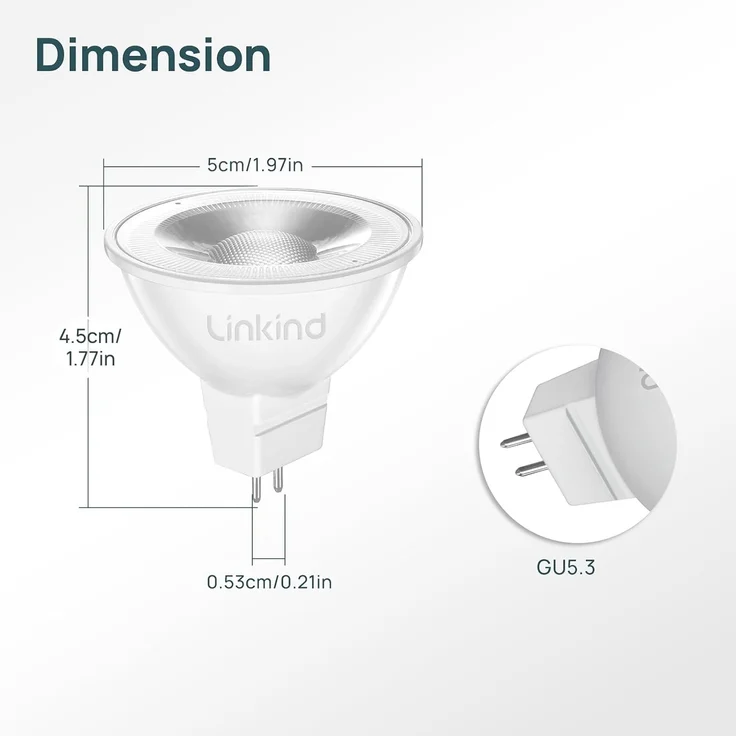 Linkind GU5.3 MR16 LED 5W Lampe 12V, 50 Watt ersetzt, 2700K Warmweiß 36° Abstrahlwinkel LED Spot MR16, 520Lm AC/DC 12Volt LED Leuchtmittel, Nicht dimmbar, 5 Stück – Bild 3