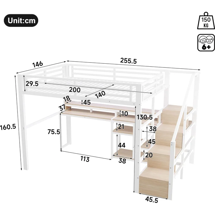 EINHOM Hochbett, 140 x 200 cm, Metallbettgestell, Leiterschrank, Ablagefach, USB + Typ-C, LED-Lichtleiste, Weiß (Ohne Matratze) – Bild 2