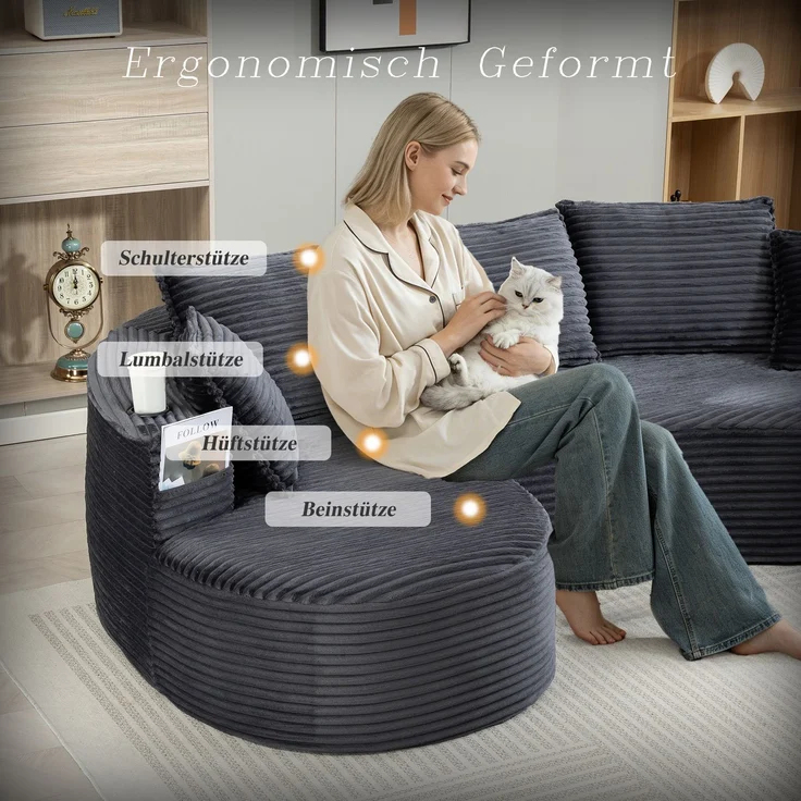 LVHOM Ecksofa L-Form, Cloud Sofa mit Tassenhalter und Seitentaschen, 3-Sitzer Sofa aus Cordstoff, kein Aufbau erforderlich, 250x152cm, Dunkelgrau – Bild 8