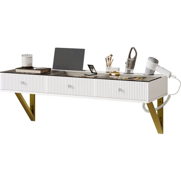 OKWISH Hängender Schminktisch mit 3 Schubladen, Glasplatte & Tablethalterung, Weiß, 120×40×45 cm