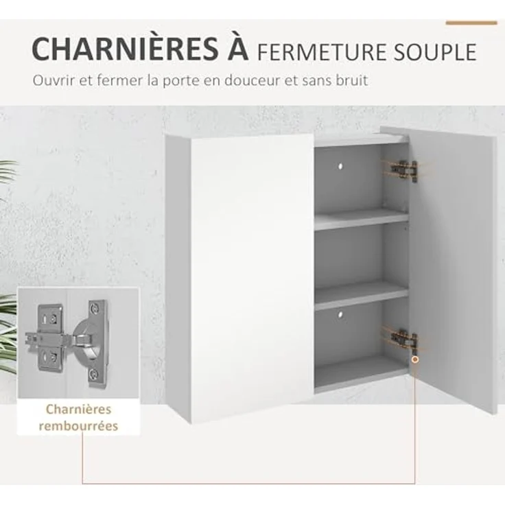 kleankin Wandschrank für Badezimmer, Aufbewahrungsschrank, 3 Ebenen, verstellbares Regal, 2 Türen und Spiegel, Hängeschrank, 60 x 15 x 60 cm, Weiß – Bild 7
