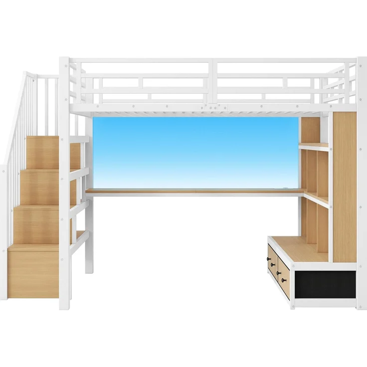 Hochbett mit RGB LED-Streifen, Schreibtisch, Regal, Lattenrost, Treppe und Schubladen, 140x200 cm, Kinderbett mit Rausfallschutz, Metallbett – Bild 6