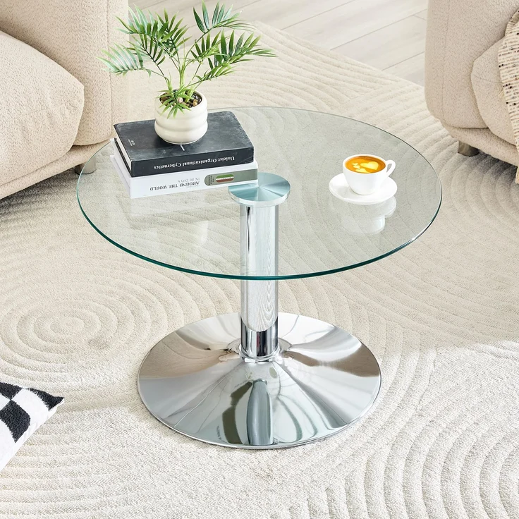 Runder Couchtisch aus Glas ca. 70 cm – Beistelltisch mit gehärteter Glasplatte & stabilem Metallgestell, moderner Wohnzimmertisch in Gold / Schwarz / Silber--Silber--70x70x45cm--YOUDENOVA – Bild 2