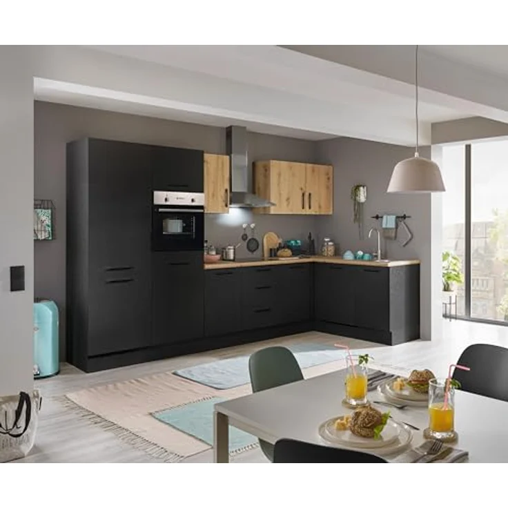 Turin LB Eckküche 340 x 211 x 60 cm, schwarz - Ohne Küchengeräte - Moderne, geräumige Küche in Artisan-Eiche Optik mit viel Stauraum – Bild 3