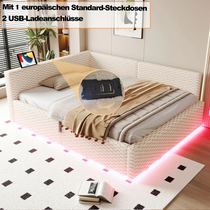 Merax Polsterbett 140 x 200 cm, Doppelbett, Jugendbett mit LED-Beleuchtung, Tape-C und zwei USB-Anschlüssen, L-förmiger weicher Rückenlehne, Samtstoff, Hydraulischem Bettgestell, Beige – Bild 7