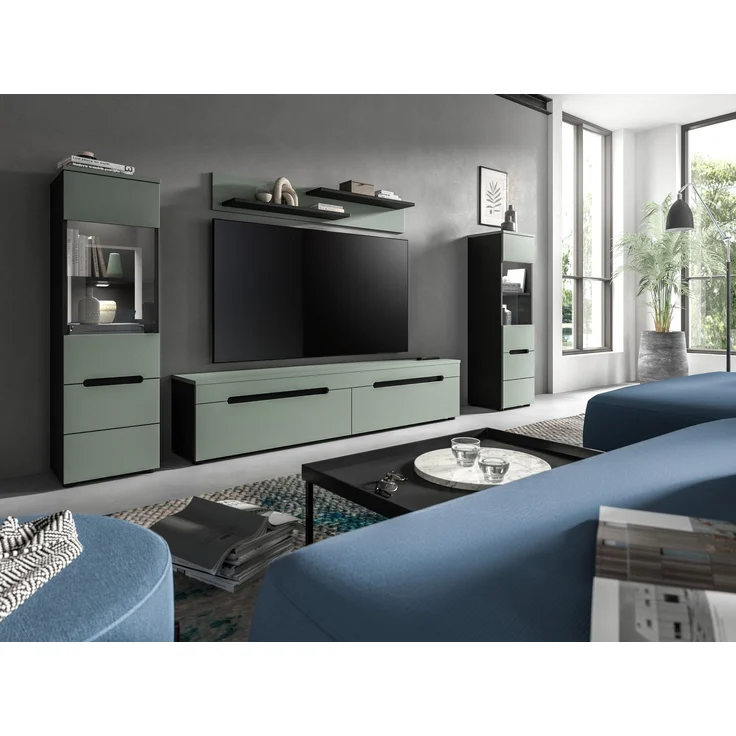 Wohnkombination inkl Beleuchtung (B/H/T: 272x141x33 cm) in Smoke Green Nachbildung – Bild 5