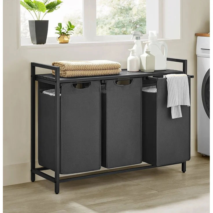 Vasagle Wäschekorb mit 3 Fächer, Metallrahmen Schwarz/Grau, 3x38 L / 92,5 x 33 x 72 cm – Bild 1