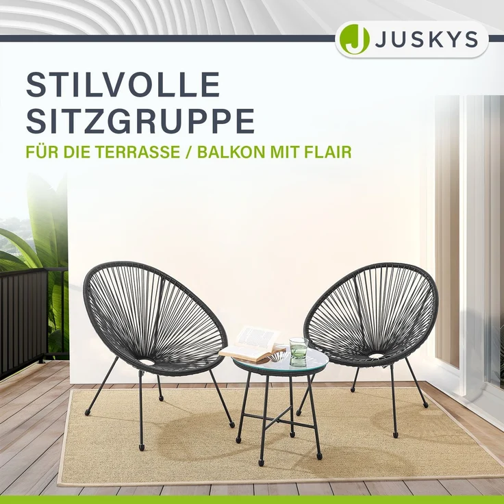 Juskys 'Ostana' Balkonmöbel Set, 3-teilig, Tisch + 2x Sessel, Polyrattan, Schwarz – Bild 4