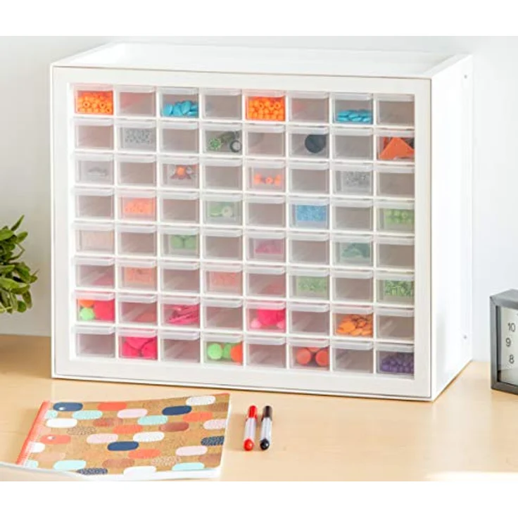 IRIS USA stapelbarer Aufbewahrungsschrank mit 64 Schubladen, 49,5 cm B x 17,8 cm T x 39,5 cm H, Weiß – Kleiner Ziegel-Organizer, Mehrzwecktruhe, Sammelalbum, Kunst, Hobby, mehrere Fächer – Bild 8