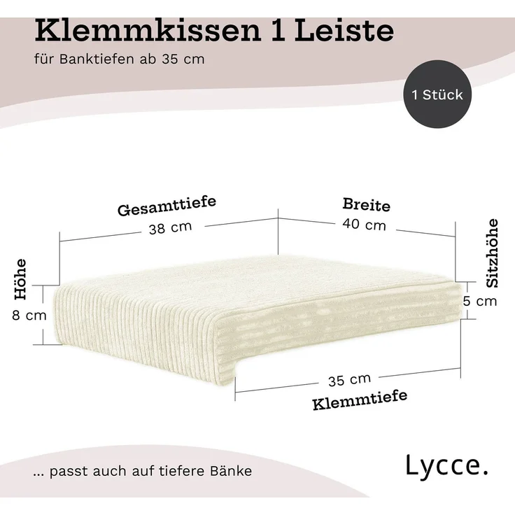 Lycce Bankauflage Klemmkissen mit Leiste - Cord, Polsterung, rutschfest Vanille 8x40x38cm – Bild 3