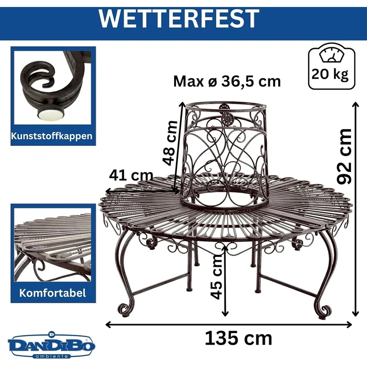 DanDiBo Baumbank Rund Metall Wetterfest Braun 96591 Rundbank ø 135 cm Gartenbank Sitzbank Bank Garten Antik – Bild 2
