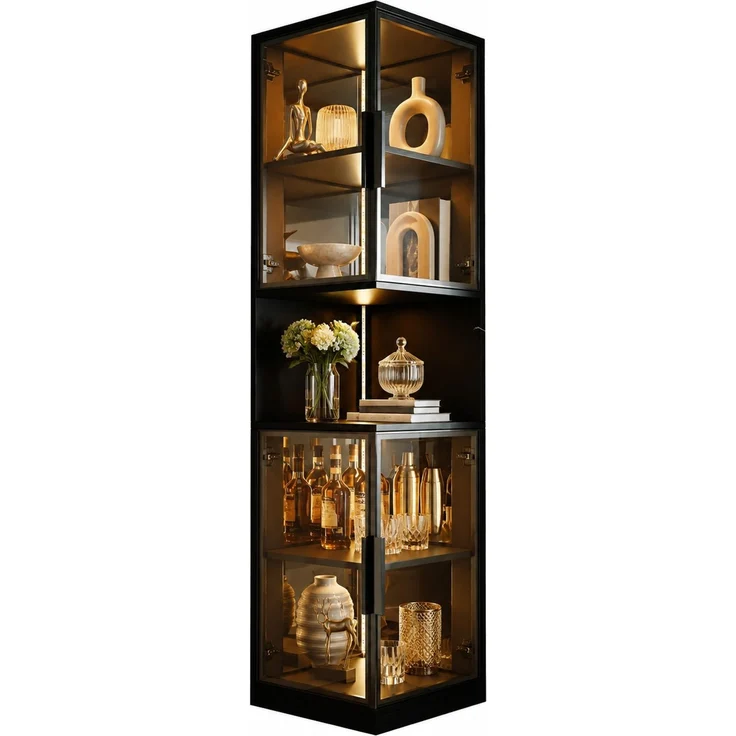 Vitrine 42x44x205 cm in Schwarz mit Glasfront, Spiegelrückwand und LED – Bild 7
