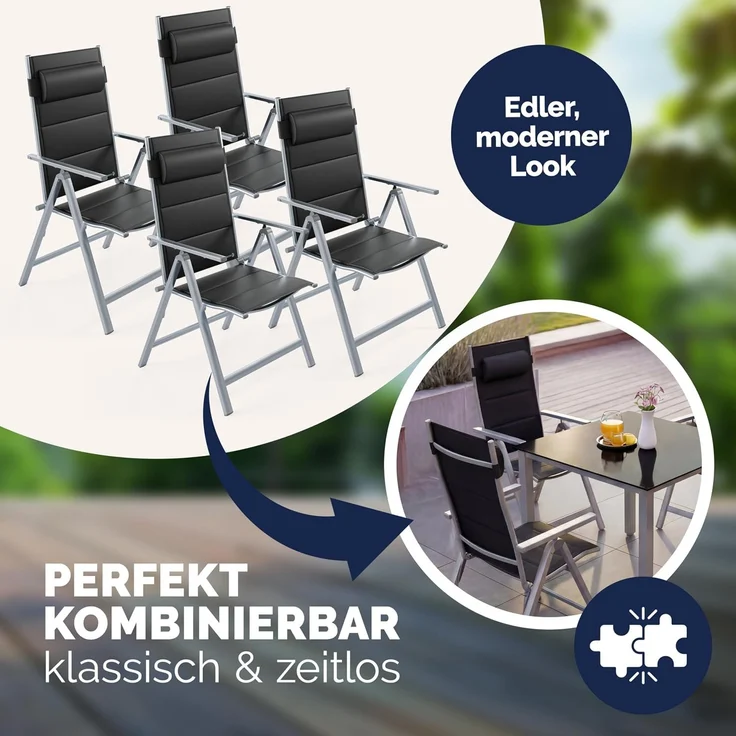 CASARIA® Alu Gartenstühle 4er Set Gepolstert 8-Fach Verstellbar Silber – Bild 8