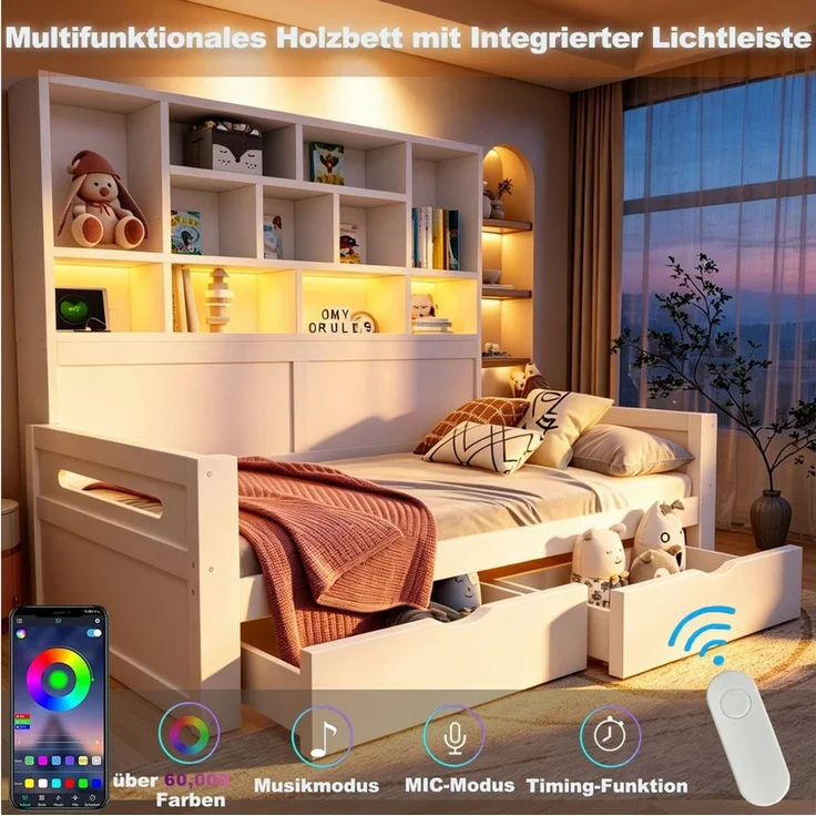 i@home Ausziehbett Schlafsofa 90 × 200 cm Einzelbett,Jugendbettgestell,Holzsofa Bett,Weiß (offenem Schrank), mit multifunktionalem Stauraum,LED-Beleuchtung, Steckdosen, Schubladen – Bild 2