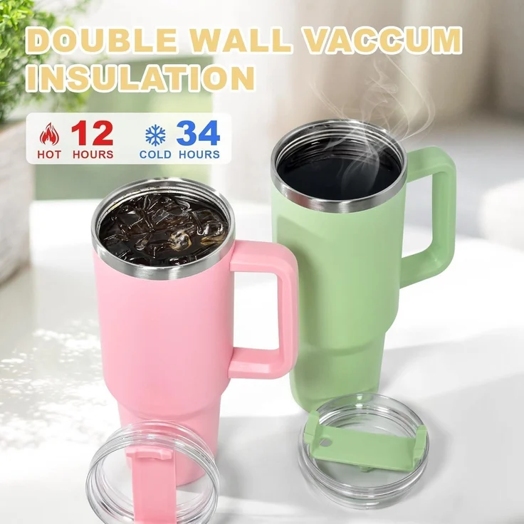 FECBK Thermobecher mit Strohhalm und Henkel 1,2L Vakuumisoliert Kaffeebecher – Bild 2