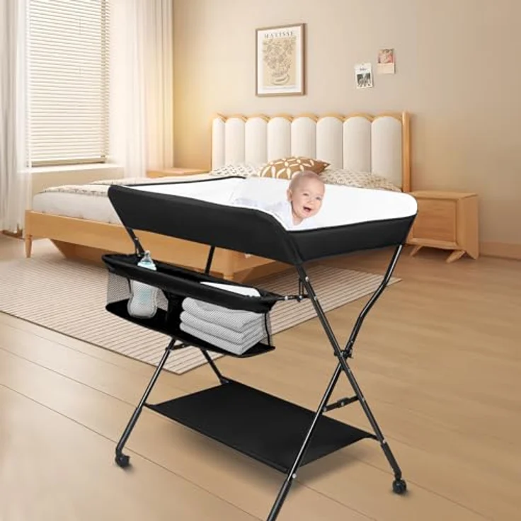 Wickelstation für Baby, Wickeltisch, faltbar, tragbar, Wickeltisch, faltbar, tragbar, mit Aufbewahrungskorb, maximale Belastung von 25 kg,86 x 62 x 96 cm (Schwarz) – Bild 8