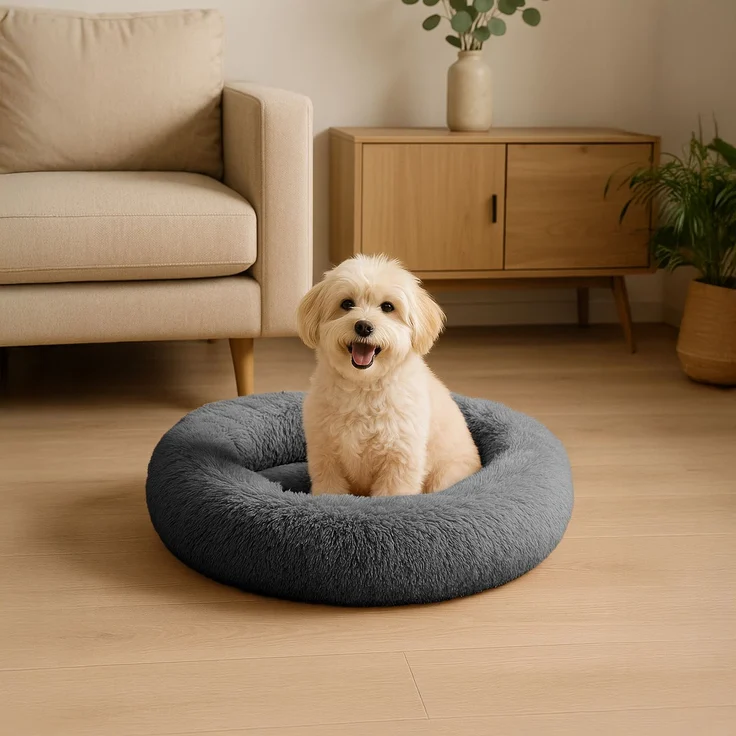 belviona Donut-Hundebett, kuscheliges Plüschbett mit weicher Füllung, sicherem Halt & ergonomischem Rand, 50 cm Durchmesser, anthrazit – Bild 1