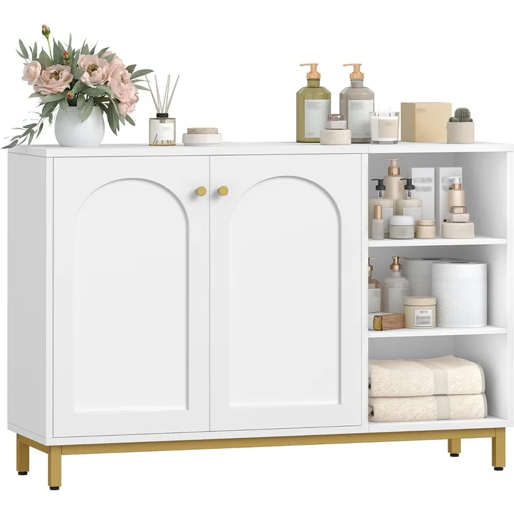 Badezimmerschrank, Sideboard, Küchenschrank mit 2 Türen, Beistellschrank, Badschrank mit offenem Fach, Kommode, verstellbare Ablage, Badezimmer, 35 x 120 x 80 cm, Weiß-Gold