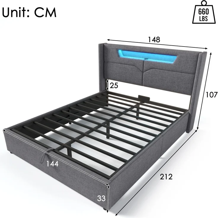 Polsterbett LED Doppelbett mit USB Typ C Ladefunktion und LED-Beleuchtung,Stauraumbetten Bettgestell aus Leinenmaterial Jugendbett 140x200 mit lattenrost(Ohne Matratze) – Bild 4