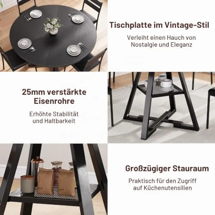 Jocoevol Esstisch Runder für 2 Personen, Esszimmertisch mit Ablage, platzsparender Küchentisch aus Holz im Industrial Design (Schwarz, 80x80x76cm) – Bild 4