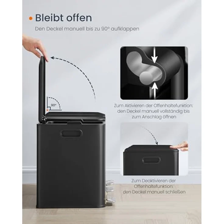 SONGMICS HOME Mülleimer Küche, 3x15 L Fächer, Abfalleimer mit farbcodierbaren Pedalen, Mülltrennsystem, mit Deckeln und Inneneimern, Stahl, tintenschwarz LTB740B02V1 – Bild 5